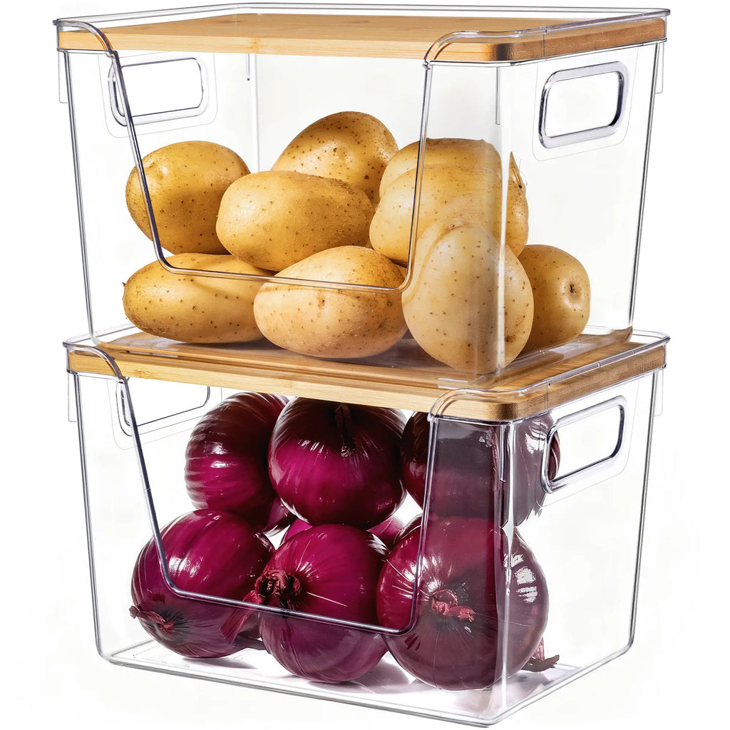 Premium Clear Food Containers with Wood Lid, Space-Saving Kitchen Storage Boxes for Household Organization
