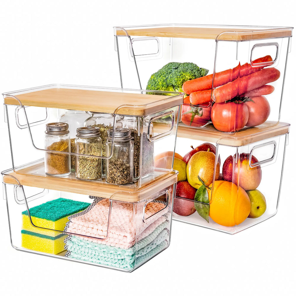 Premium Clear Food Containers with Wood Lid, Space-Saving Kitchen Storage Boxes for Household Organization