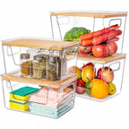 Premium Clear Food Containers with Wood Lid, Space-Saving Kitchen Storage Boxes for Household Organization