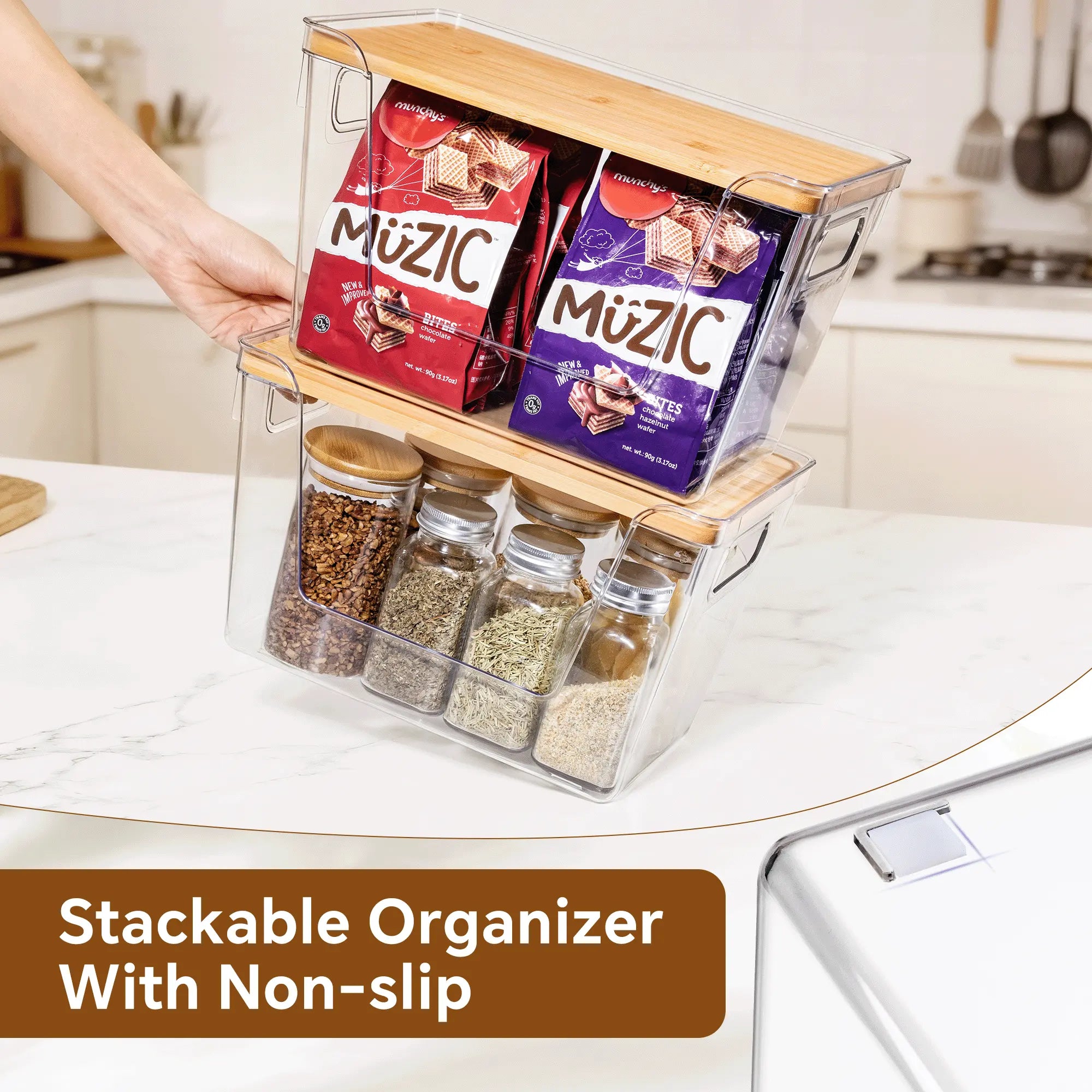 Premium Clear Food Containers with Wood Lid, Space-Saving Kitchen Storage Boxes for Household Organization