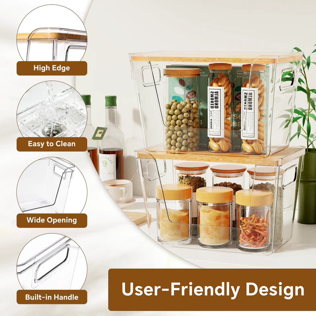 Premium Clear Food Containers with Wood Lid, Space-Saving Kitchen Storage Boxes for Household Organization