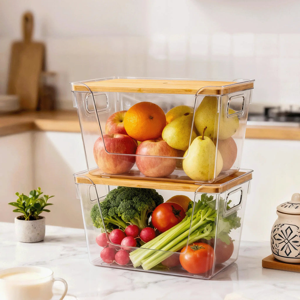 Premium Clear Food Containers with Wood Lid, Space-Saving Kitchen Storage Boxes for Household Organization