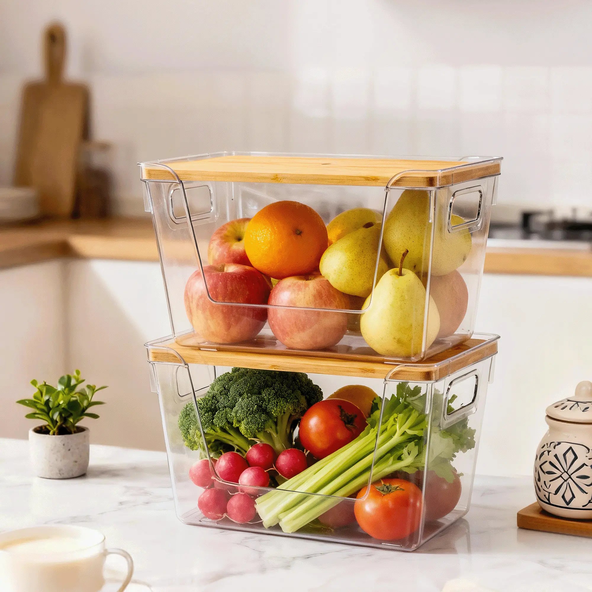 Premium Clear Food Containers with Wood Lid, Space-Saving Kitchen Storage Boxes for Household Organization