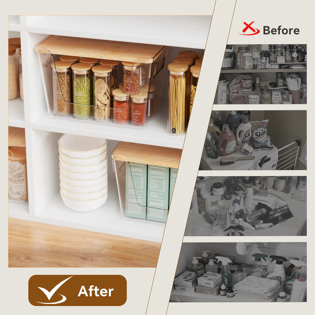 Premium Clear Food Containers with Wood Lid, Space-Saving Kitchen Storage Boxes for Household Organization