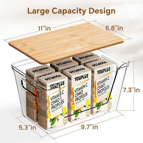 Premium Clear Food Containers with Wood Lid, Space-Saving Kitchen Storage Boxes for Household Organization