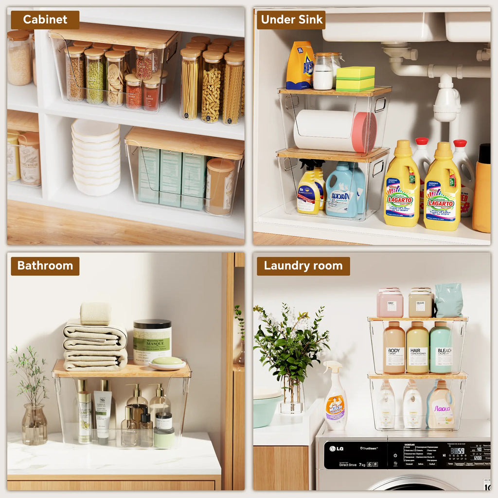 Premium Clear Food Containers with Wood Lid, Space-Saving Kitchen Storage Boxes for Household Organization